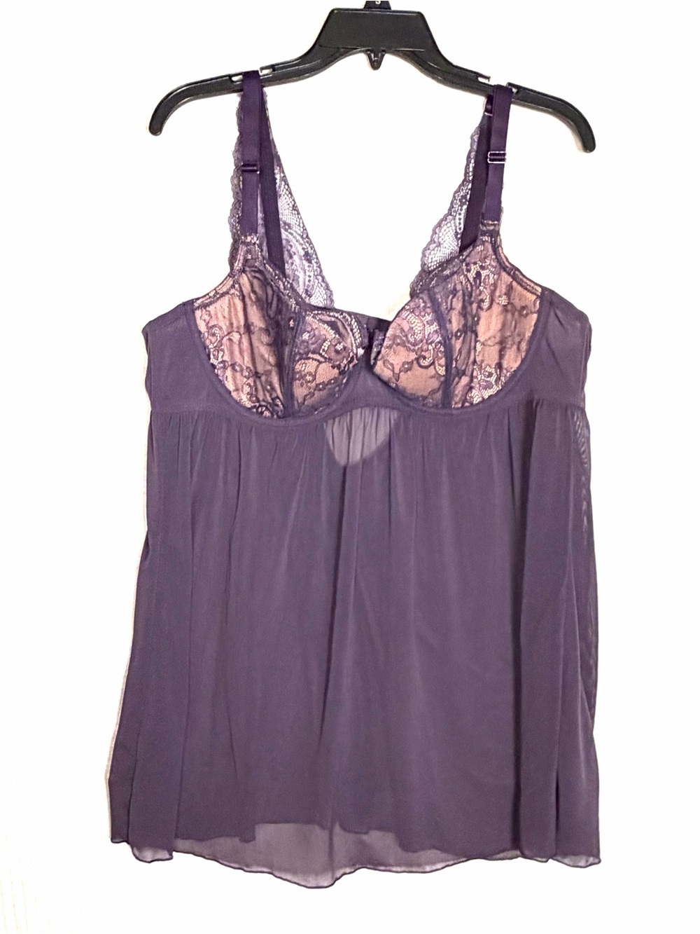 Adore Me Sheer Babydoll Nightie Chemise Purple Womens 42C Padded Lace Trim